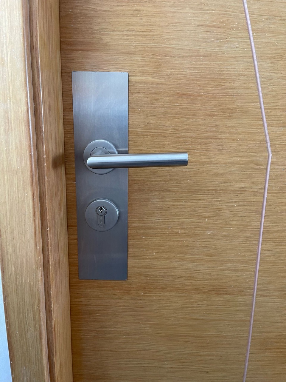 Stainless mortice lockset installed on a light-wood door.